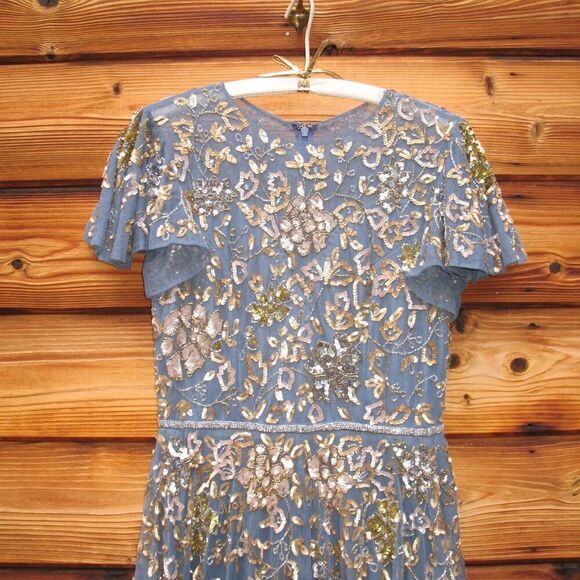 Mac Duggal 5717 Womens Blue Embellished Butterfly Sleeve High Neck Gown - Picture 7 of 13